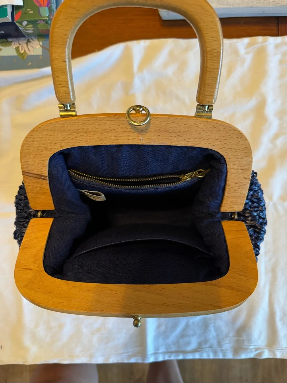 Handwoven Navy Blue Raffia Clutch with Wooden Handle